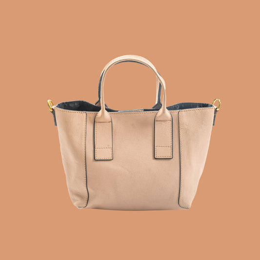 Front Angle View of Rose Gold Leather Tote Bag | Iron Tailor