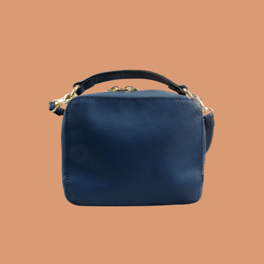 Back View of Blue Genuine Leather Office Sling Bag | Iron Tailor
