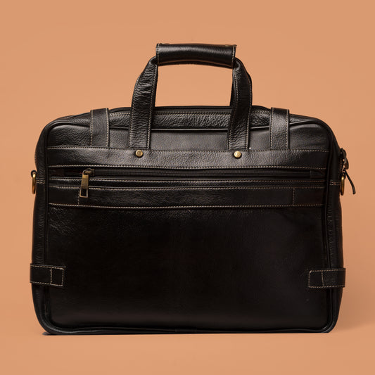 Black Leather Multizip Laptop Briefcase Back View | Iron Tailor