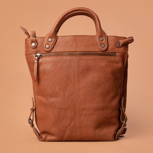 Maverick Hand Bag Tan Leather Back View | Iron Tailor