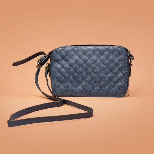 Side View of Blue Diamond Stitch Leather Sling Bag | Iron Tailor