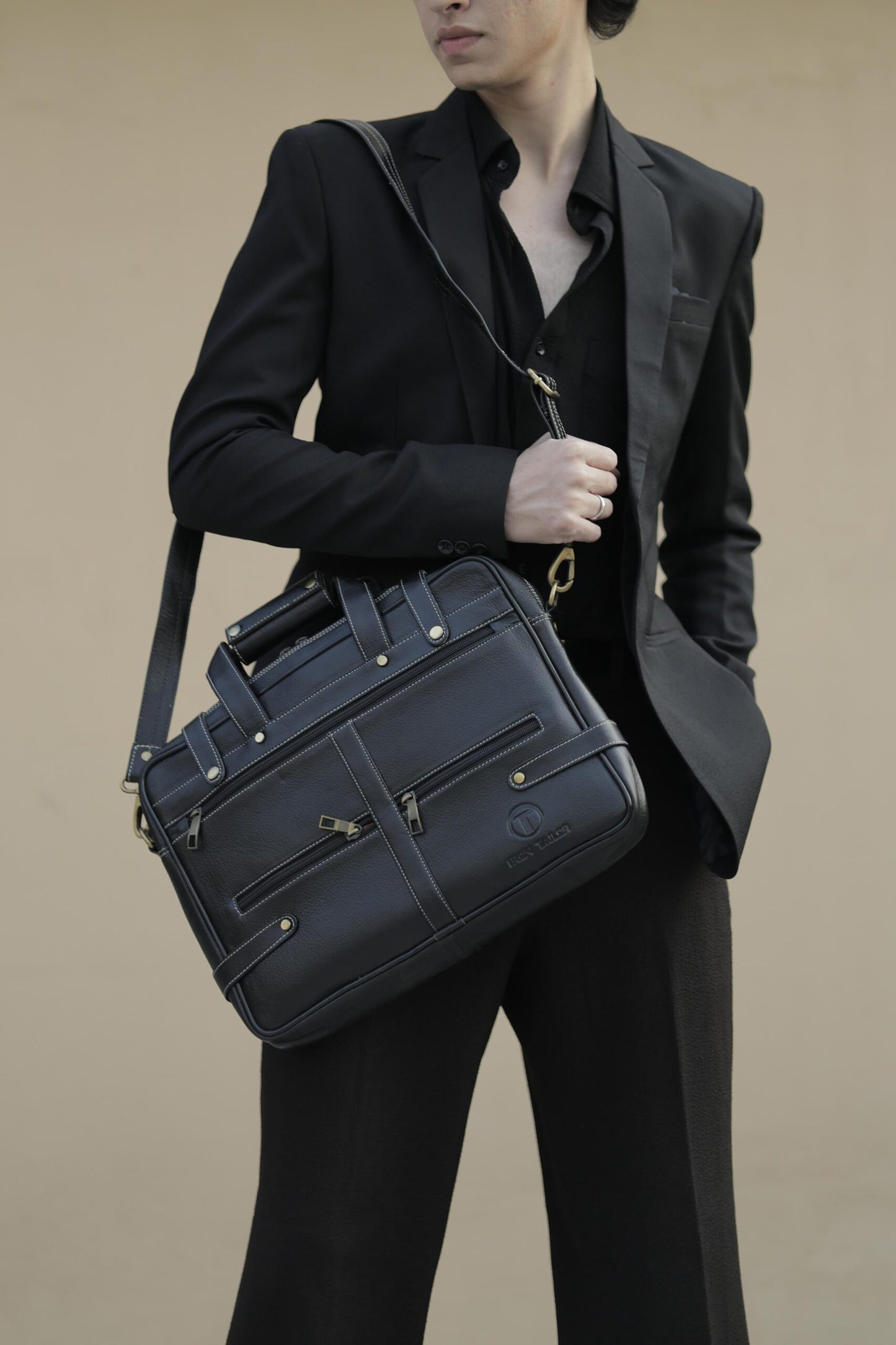 Black Genuine Leather Multizip Laptop Bag in Use | Iron Tailor
