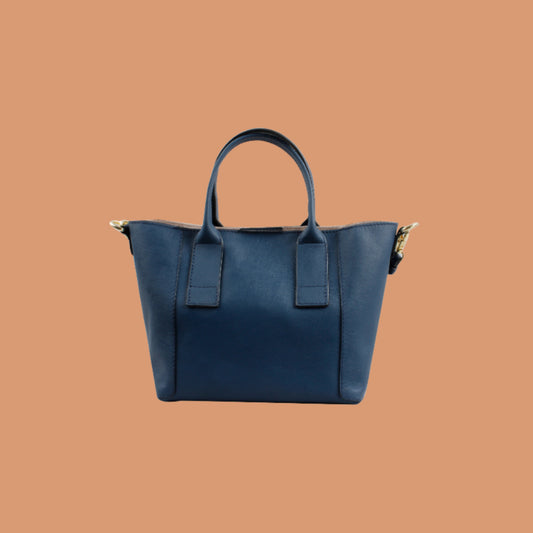 Front Angle View of Blue Leather Tote Bag | Iron Tailor