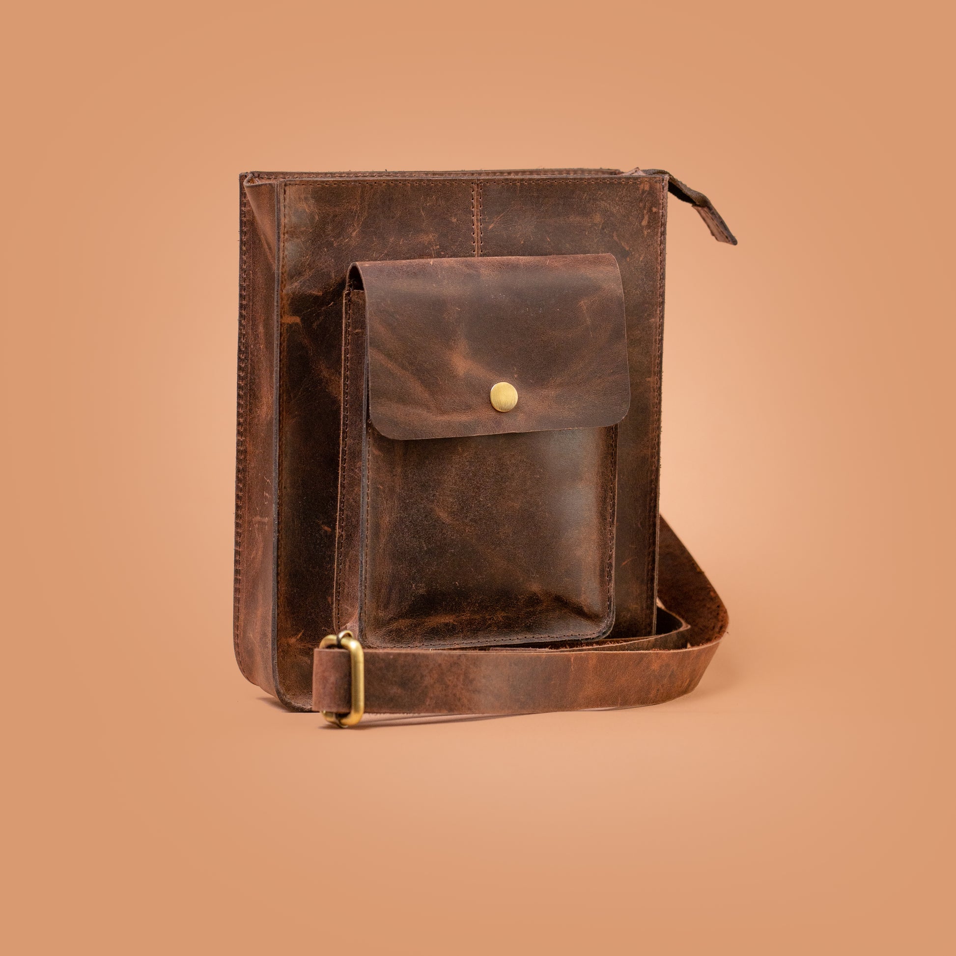 Vintage Craftsman Leather Crossbody Sling Bag Side Angle | Iron Tailor
