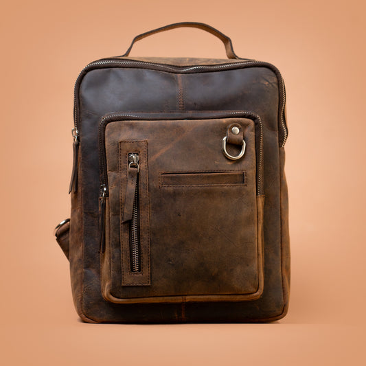 Oldtown Vintage Backpack Front View in Premium Vegan Leather | Iron Tailor