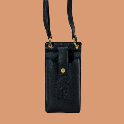 Front Pocket Detail of Black Leather Mobile Holder for men and women | iron tailor