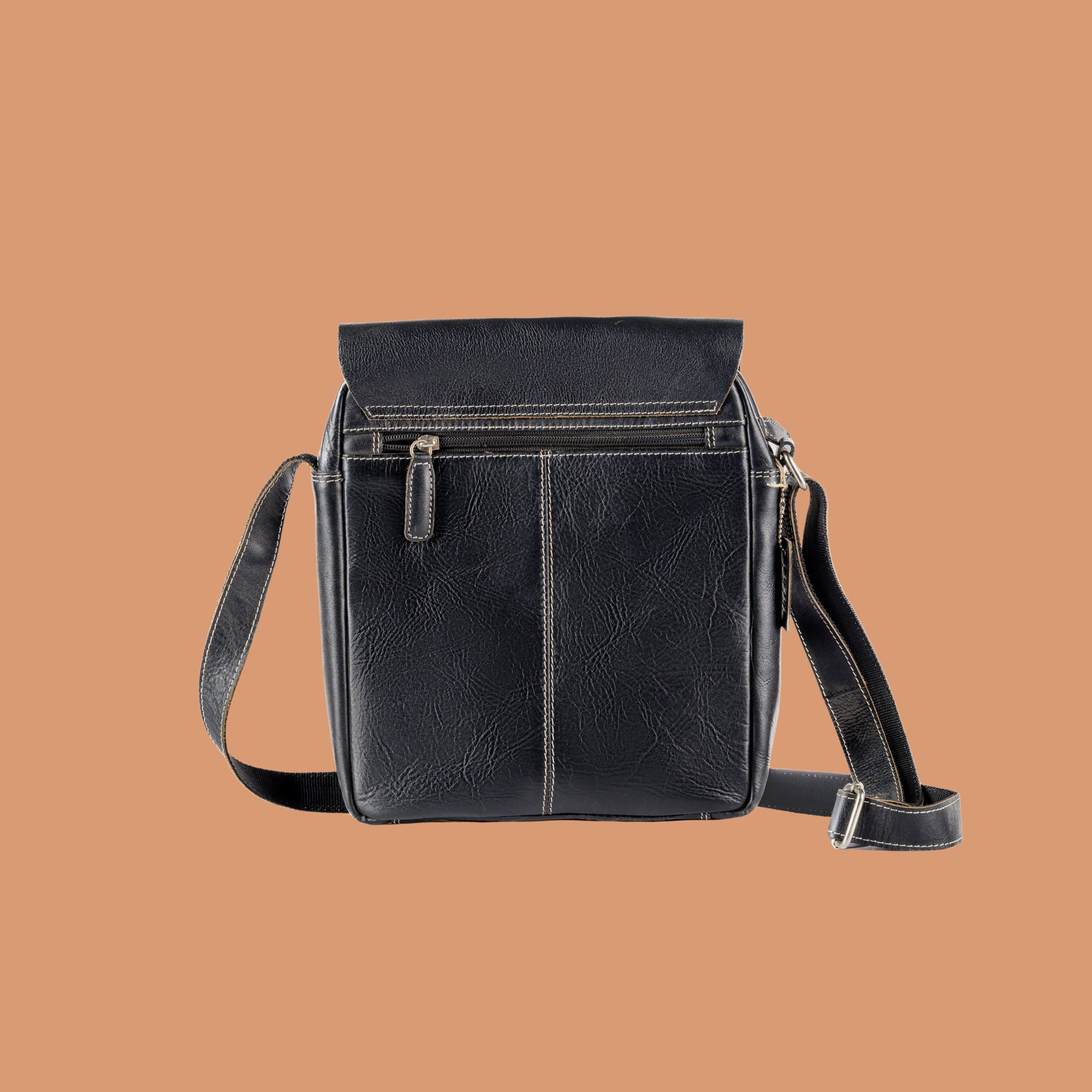 Front View of Black Genuine Leather Sling Bag with Adjustable Shoulder Strap | Iron Tailor