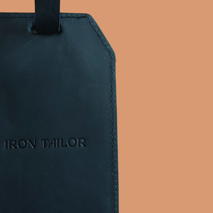 Premium Black Leather Luggage Tag with Iron Tailor Branding