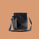 Black Genuine Leather Sling Bag for Men with Front Zipper Pocket | Iron Tailor