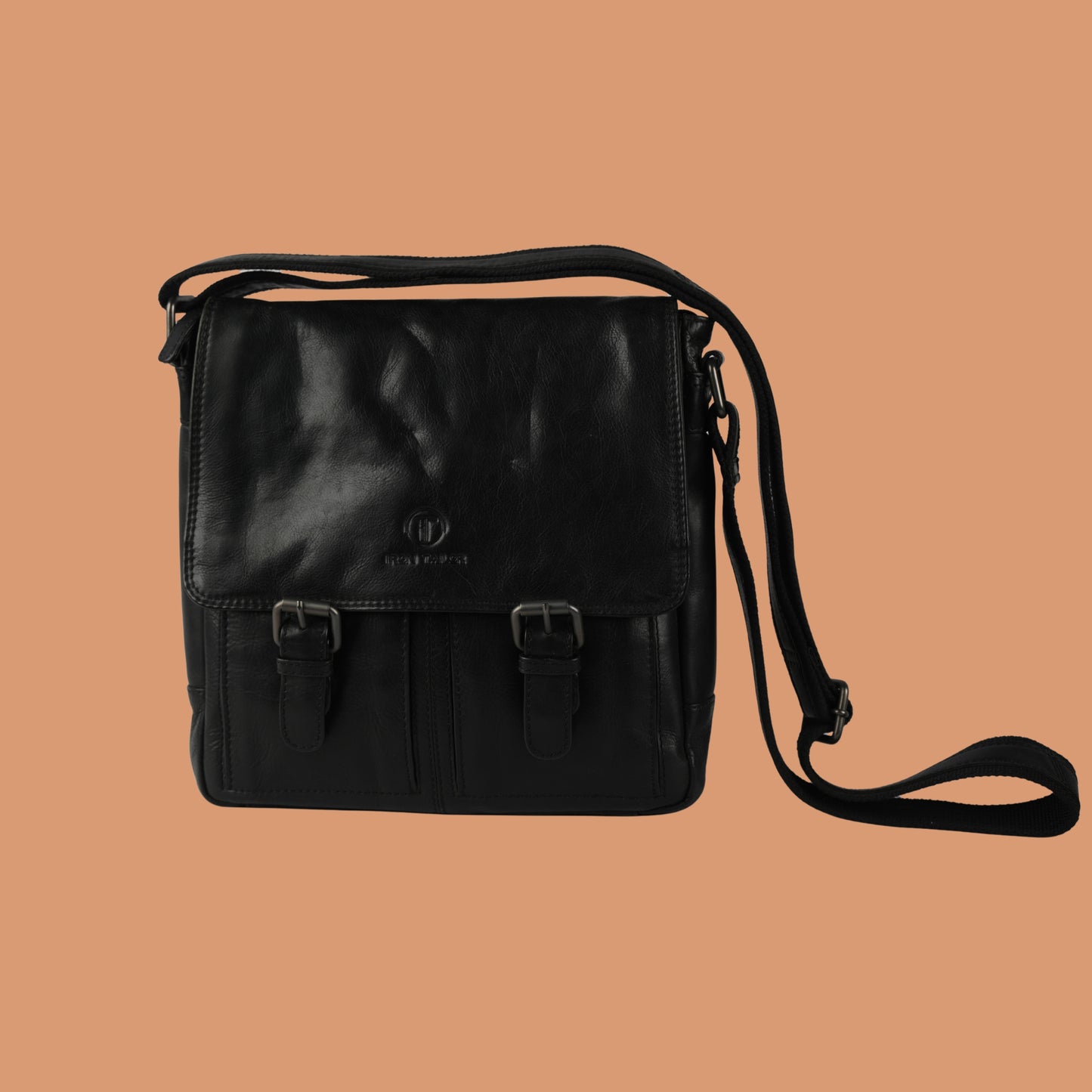 Front View of Black Leather Sling Bag with Adjustable Shoulder Strap | Iron Tailor