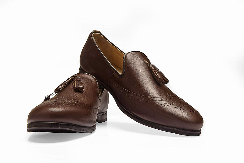 Men's Brown Brogue Tassel Loafers Genuine Leather
