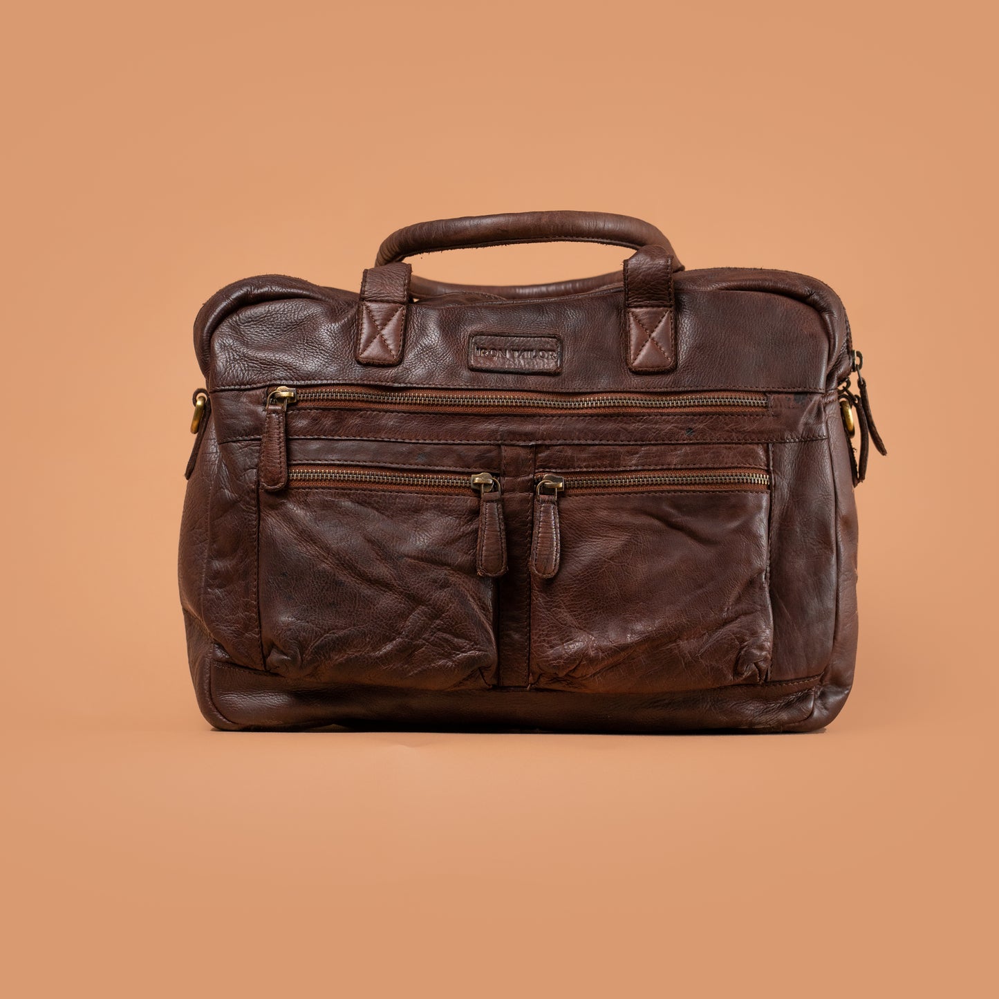 Vintage Brown Leather Briefcase with Multiple Zip Pockets | Iron Tailor