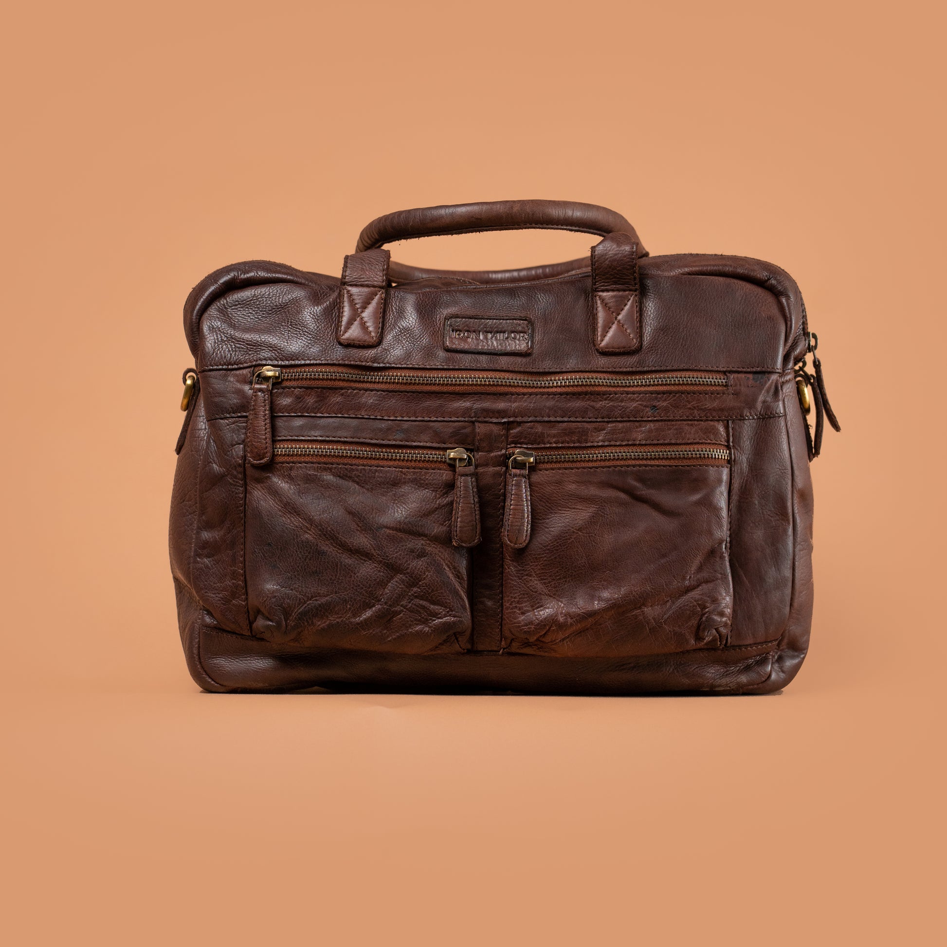 Vintage Brown Leather Briefcase with Multiple Zip Pockets | Iron Tailor