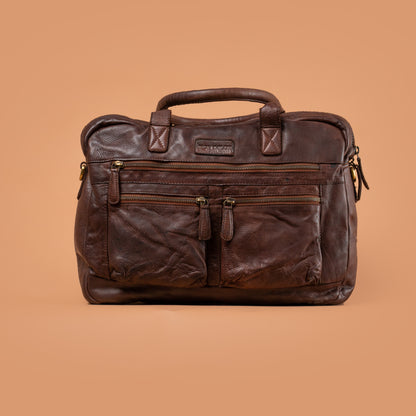 Vintage Brown Leather Briefcase with Multiple Zip Pockets | Iron Tailor