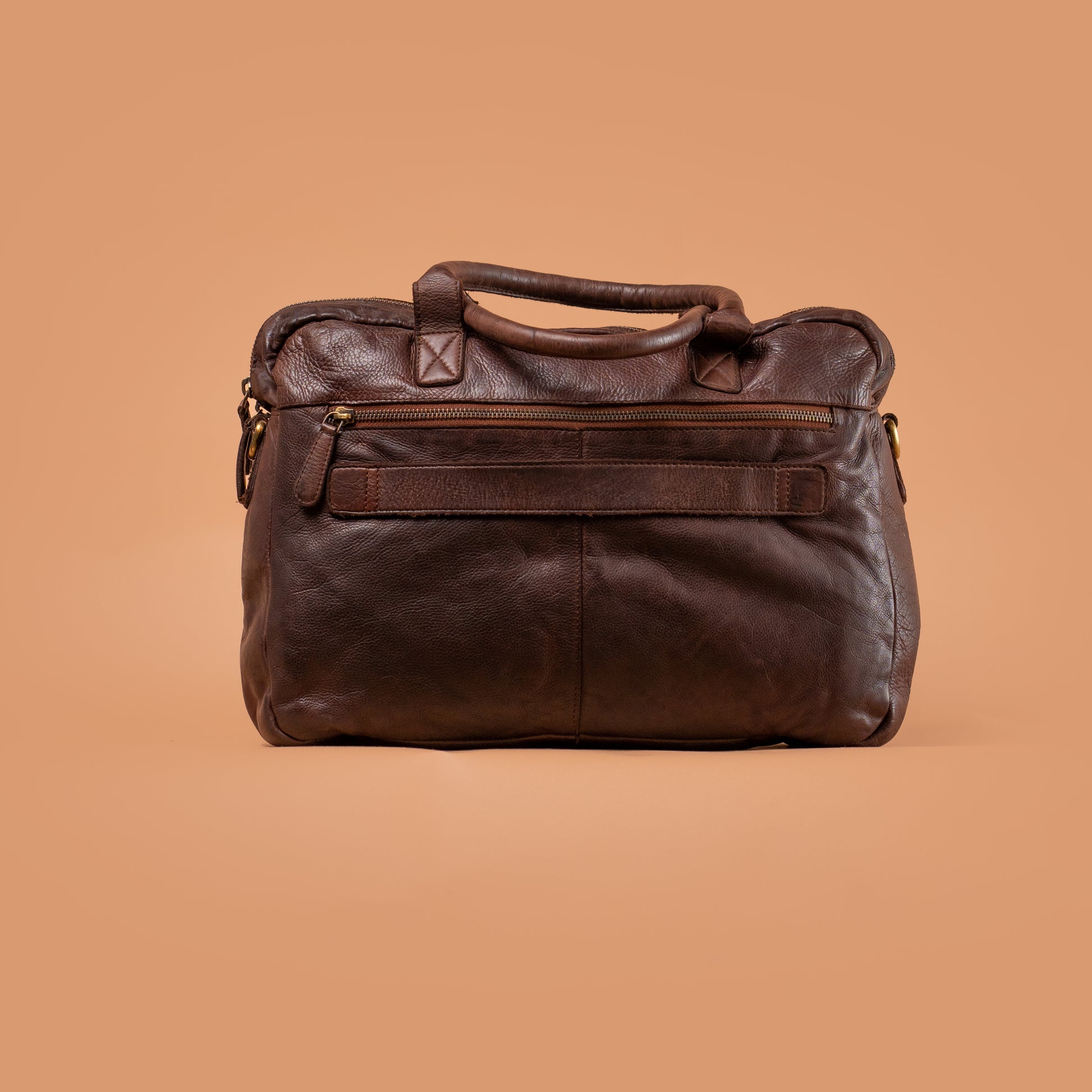 Vintage Brown Genuine Leather Laptop Bag Back View | Iron Tailor