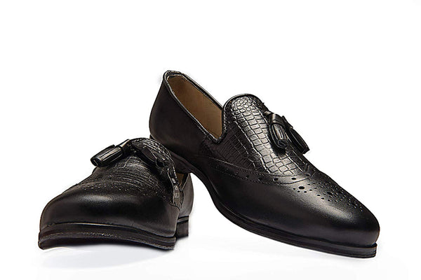 Men's Black Brogue Tassel Loafers Genuine Leather