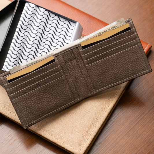 Grey Full-Grain Leather Wallet Lifestyle Display | Iron Tailor