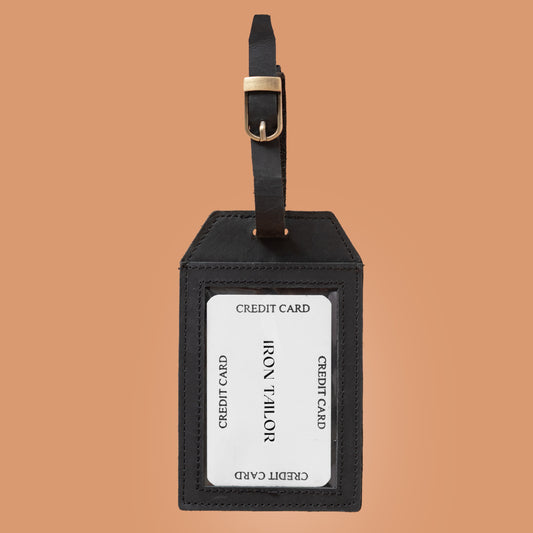 Black Leather Luggage Tag with ID Card Holder | Iron Tailor