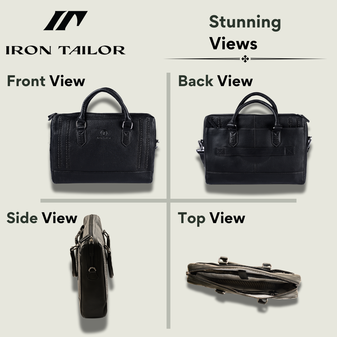 Braided Laptop Bag Front, Back, Side and Top Views – Leather Laptop Bag | Iron Tailor