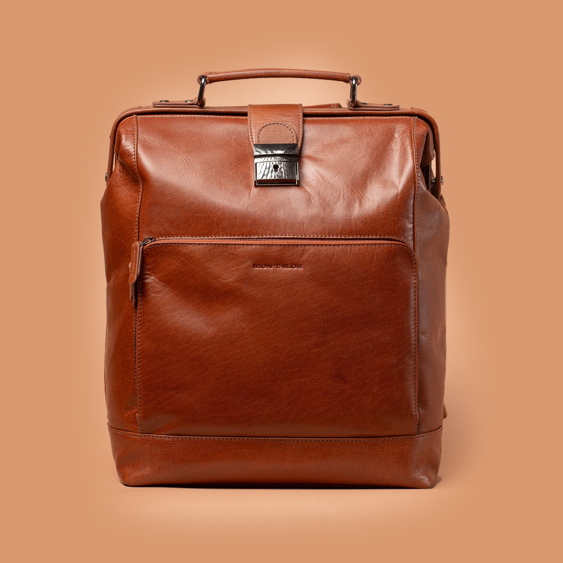 Eduro  Classic Tan Full-Grain Leather Backpack Front View | Iron Tailor