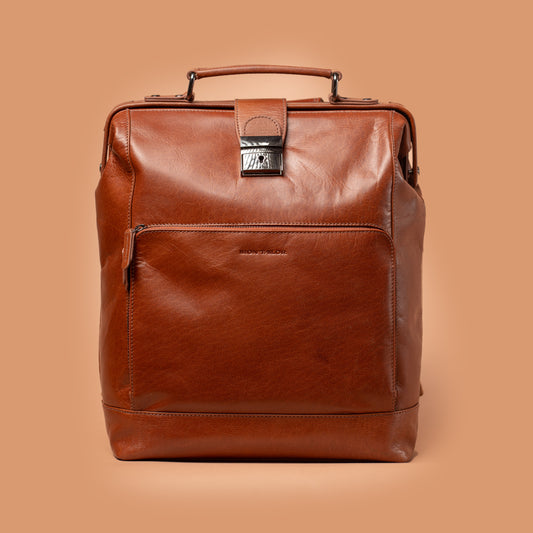 Eduro  Classic Tan Full-Grain Leather Backpack Front View | Iron Tailor