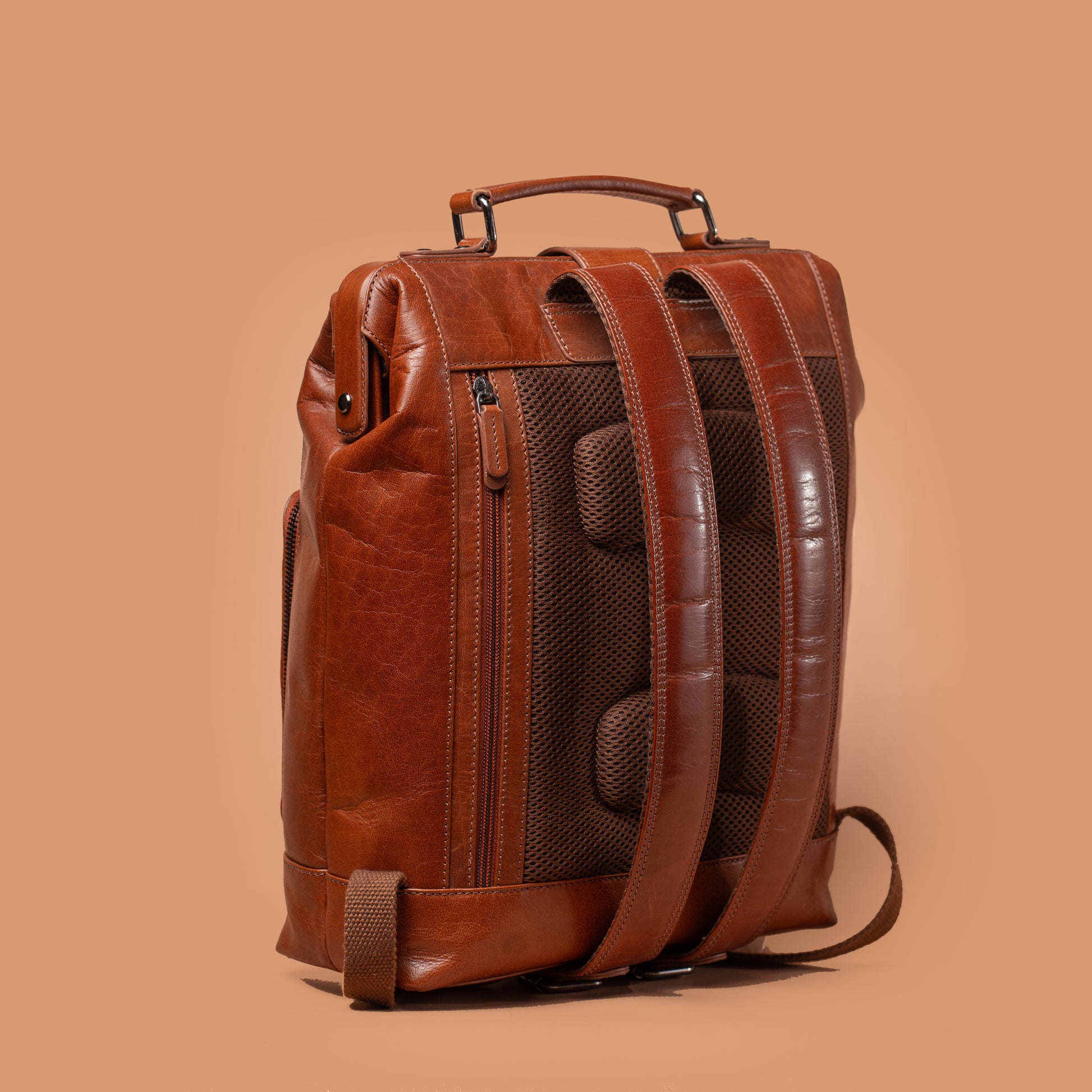 Eduro Classic Tan Genuine Leather Executive Backpack Rear Angle | Iron Tailor