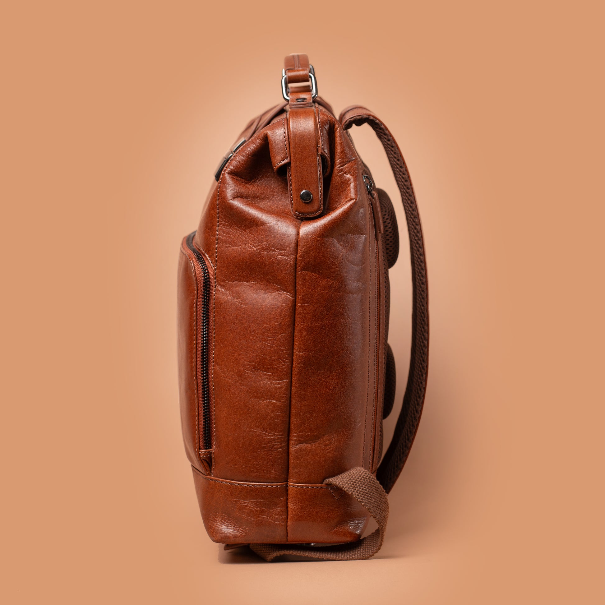 Eduro Classic Tan Leather Backpack Side Profile | Iron Tailor