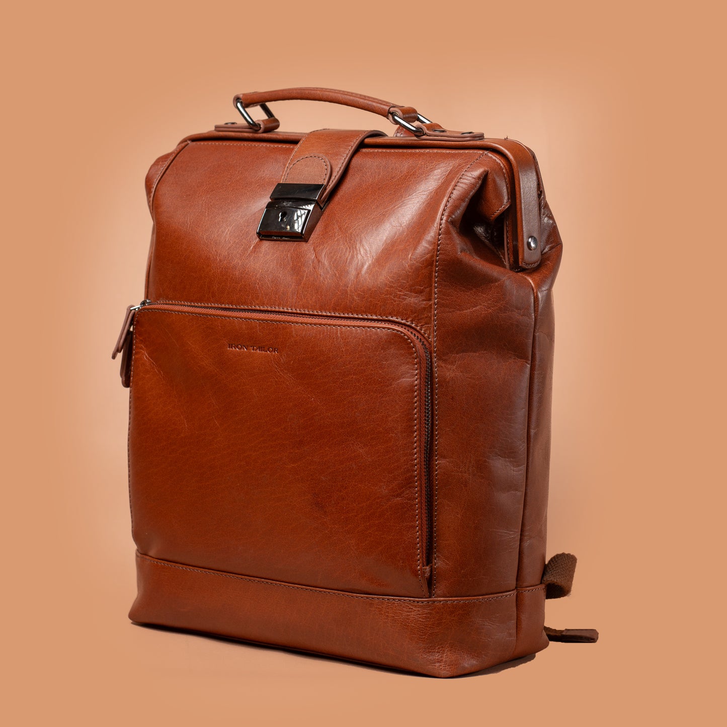 Eduro Clssic Tan Full-Grain Leather Backpack Angled View | Iron Tailor