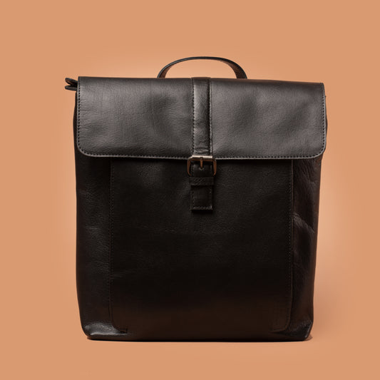Noir Black Full-Grain Leather Backpack Front View | Iron Tailor