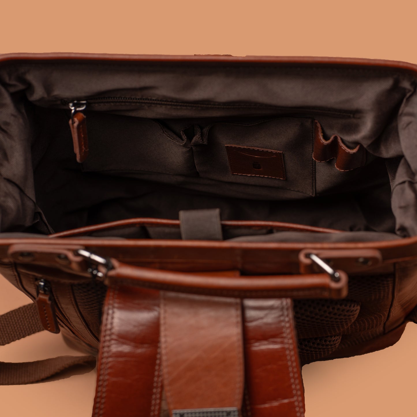 Eduro Classic Tan Leather Backpack Interior Storage Pockets | Iron Tailor