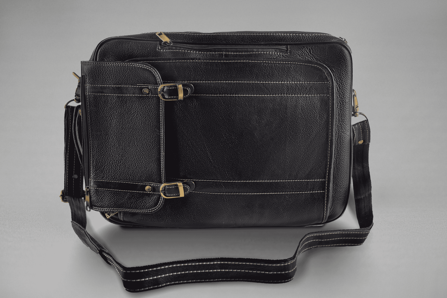 Black Leather Vintage Messenger Bag Top View | Iron Tailor
