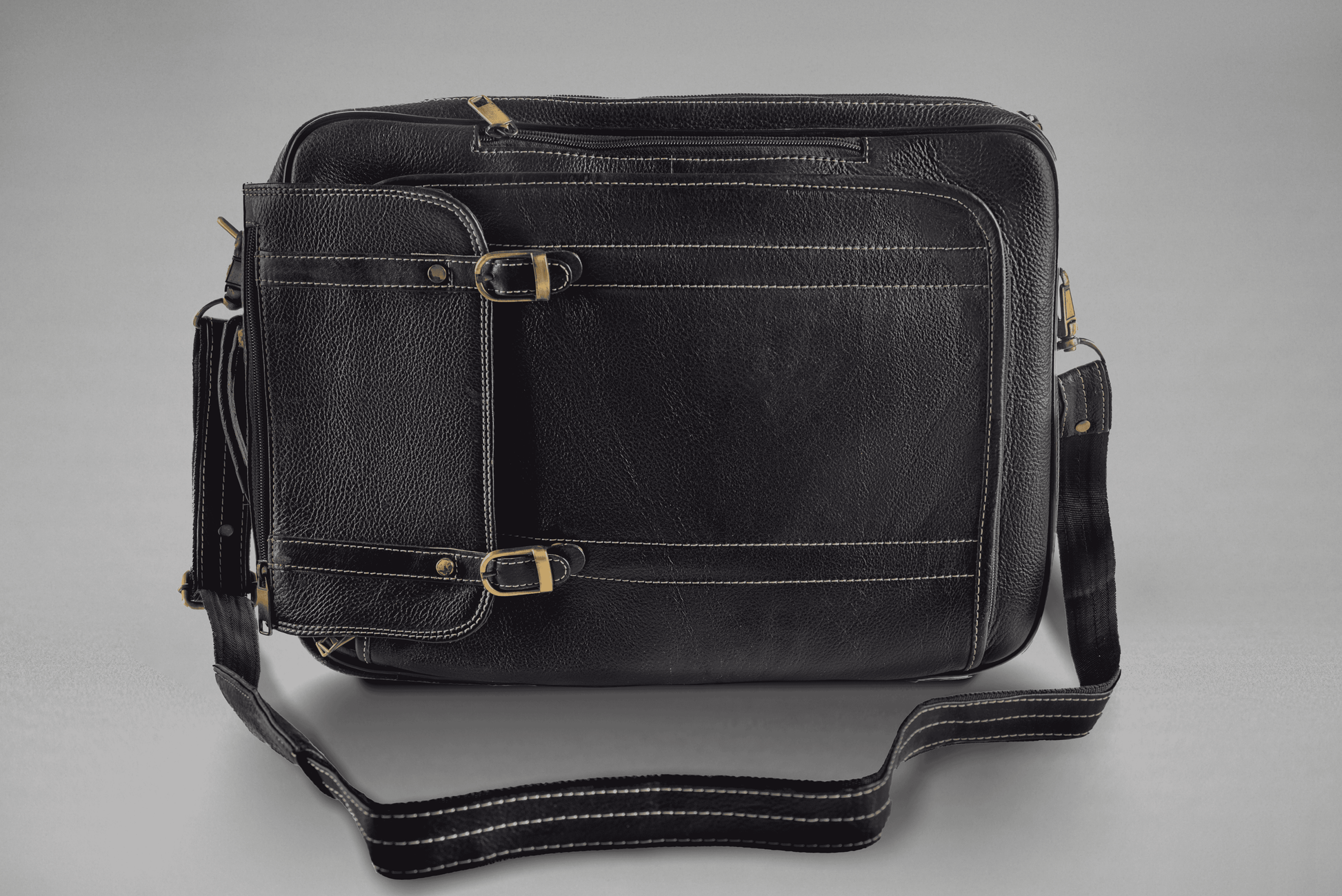 Black Leather Vintage Messenger Bag Top View | Iron Tailor