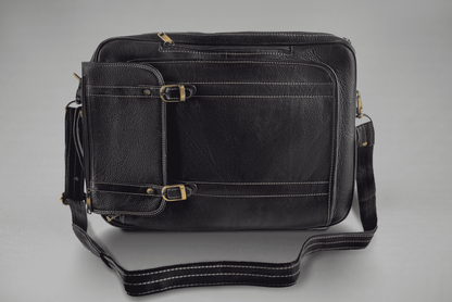 Black Leather Vintage Messenger Bag Top View | Iron Tailor