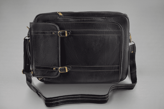 Black Leather Vintage Messenger Bag Top View | Iron Tailor