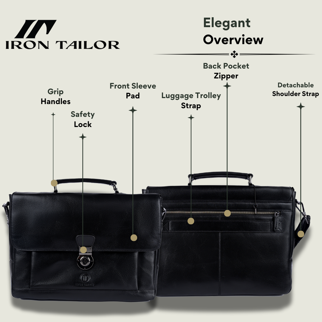 Black Genuine Leather Laissez Faire Briefcase Functional Overview | Iron Tailor