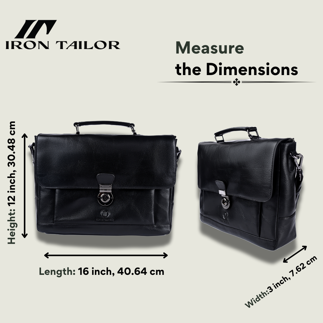 Black Leather Laissez Faire Briefcase Dimensions | Iron Tailor
