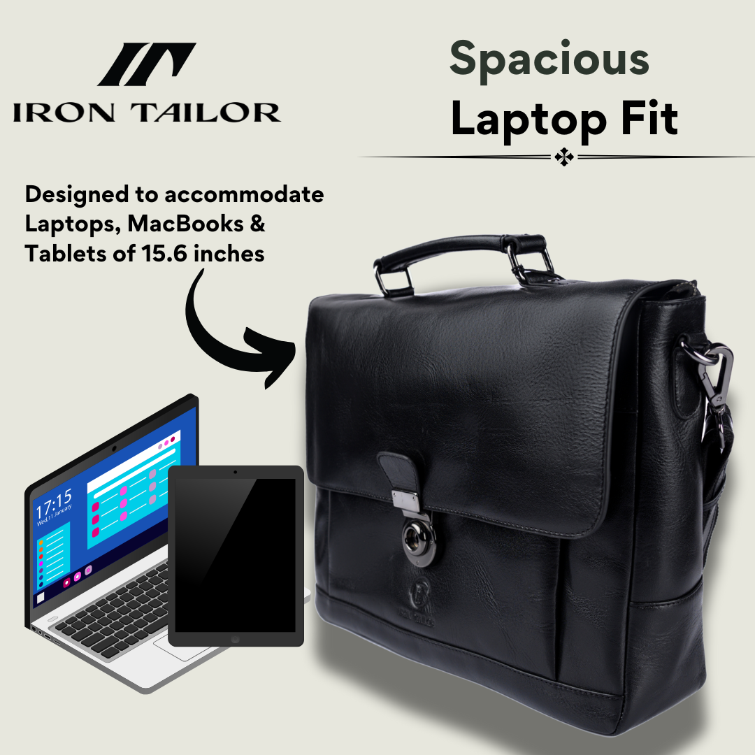 Black Genuine Leather Laissez Faire Briefcase Fits 15.6 Inch Laptop | Iron Tailor