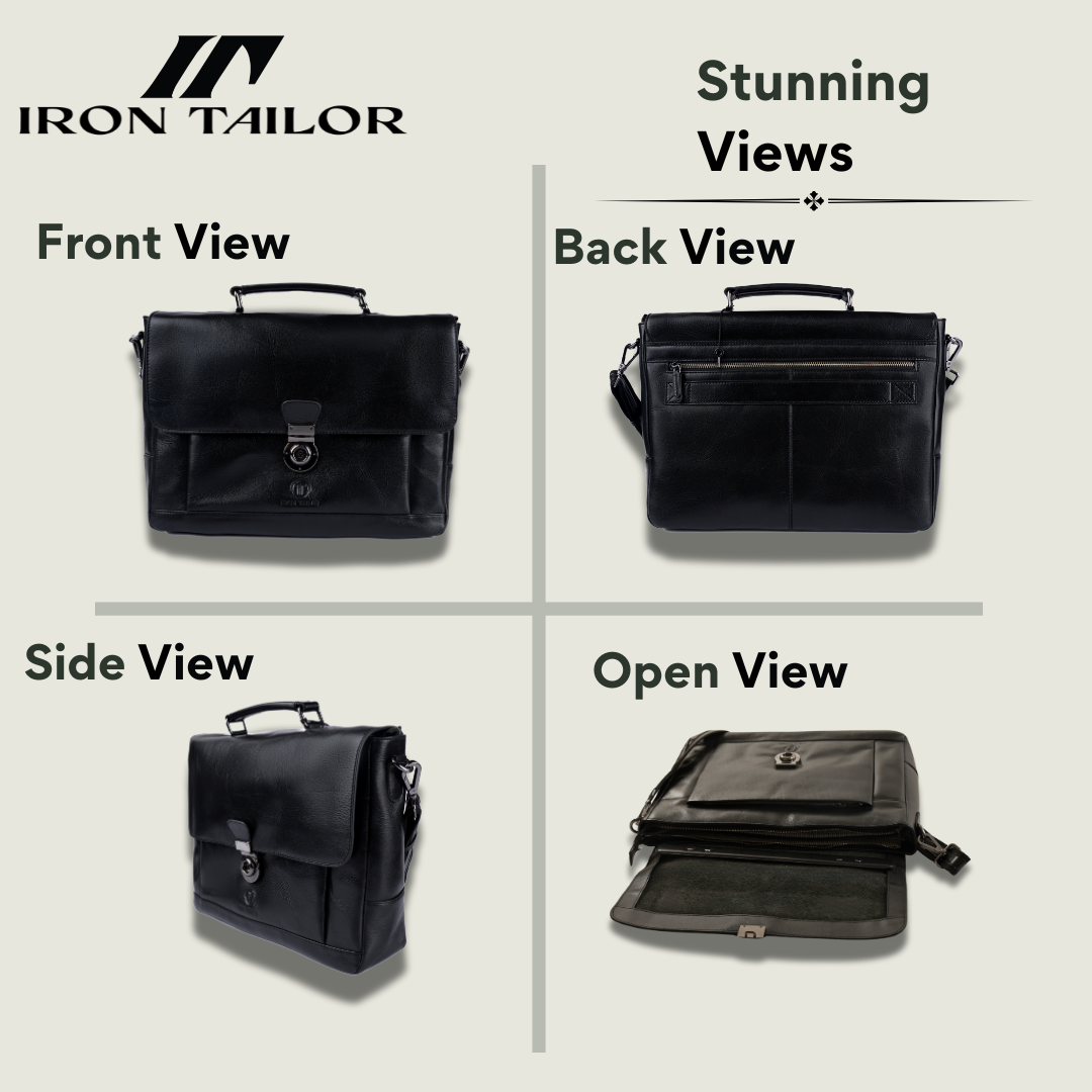 Black Leather Laissez Faire Briefcase Front, Back, Side and Open View | Iron Tailor