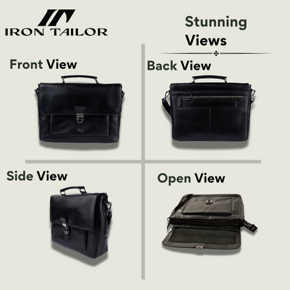 Black Leather Laissez Faire Briefcase Front, Back, Side and Open View | Iron Tailor
