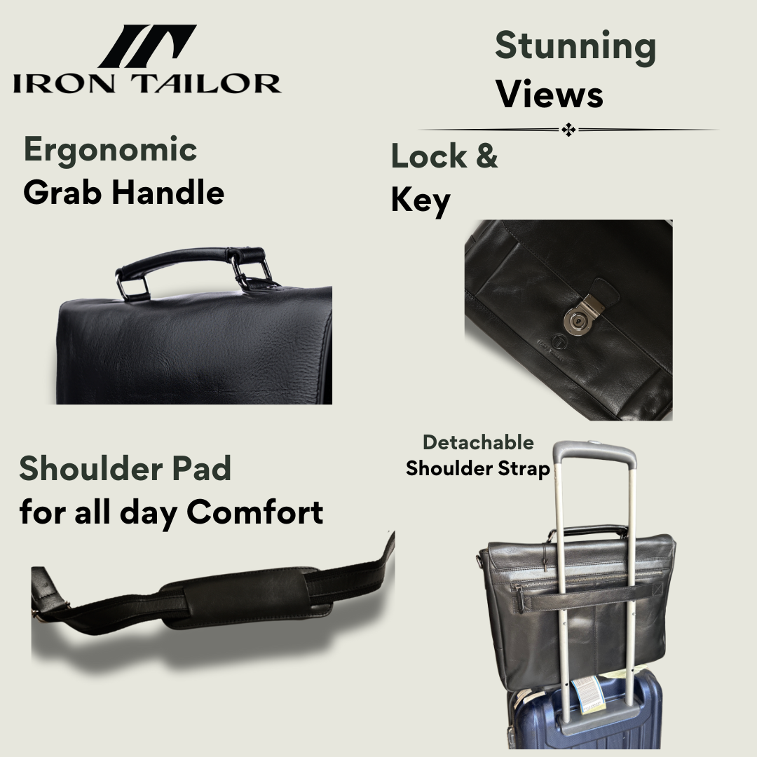 Black Genuine Leather Laissez Faire Briefcase with Lock and Detachable Shoulder Strap | Iron Tailor
