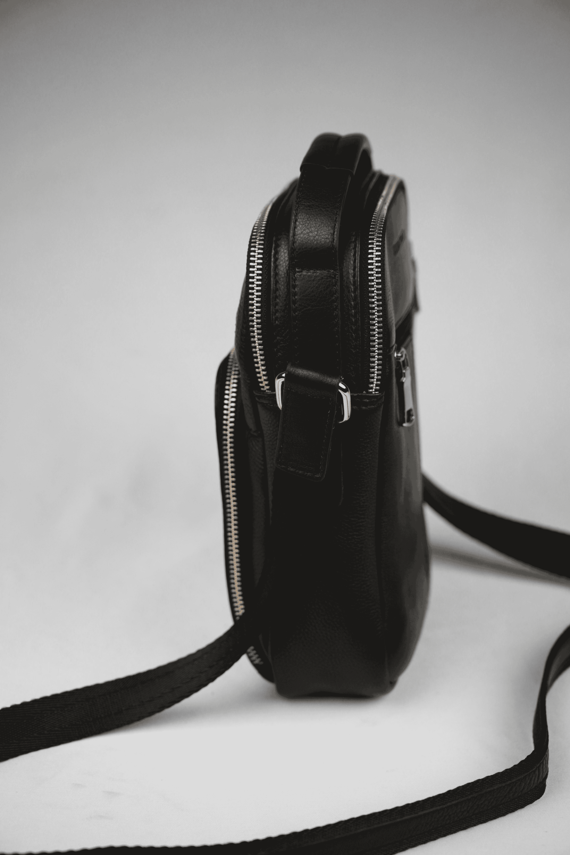 Black Genuine Leather Multizip Sling Bag Side View | Iron Tailor