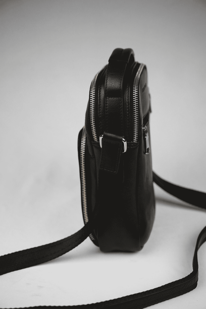 Black Genuine Leather Multizip Sling Bag Side View | Iron Tailor
