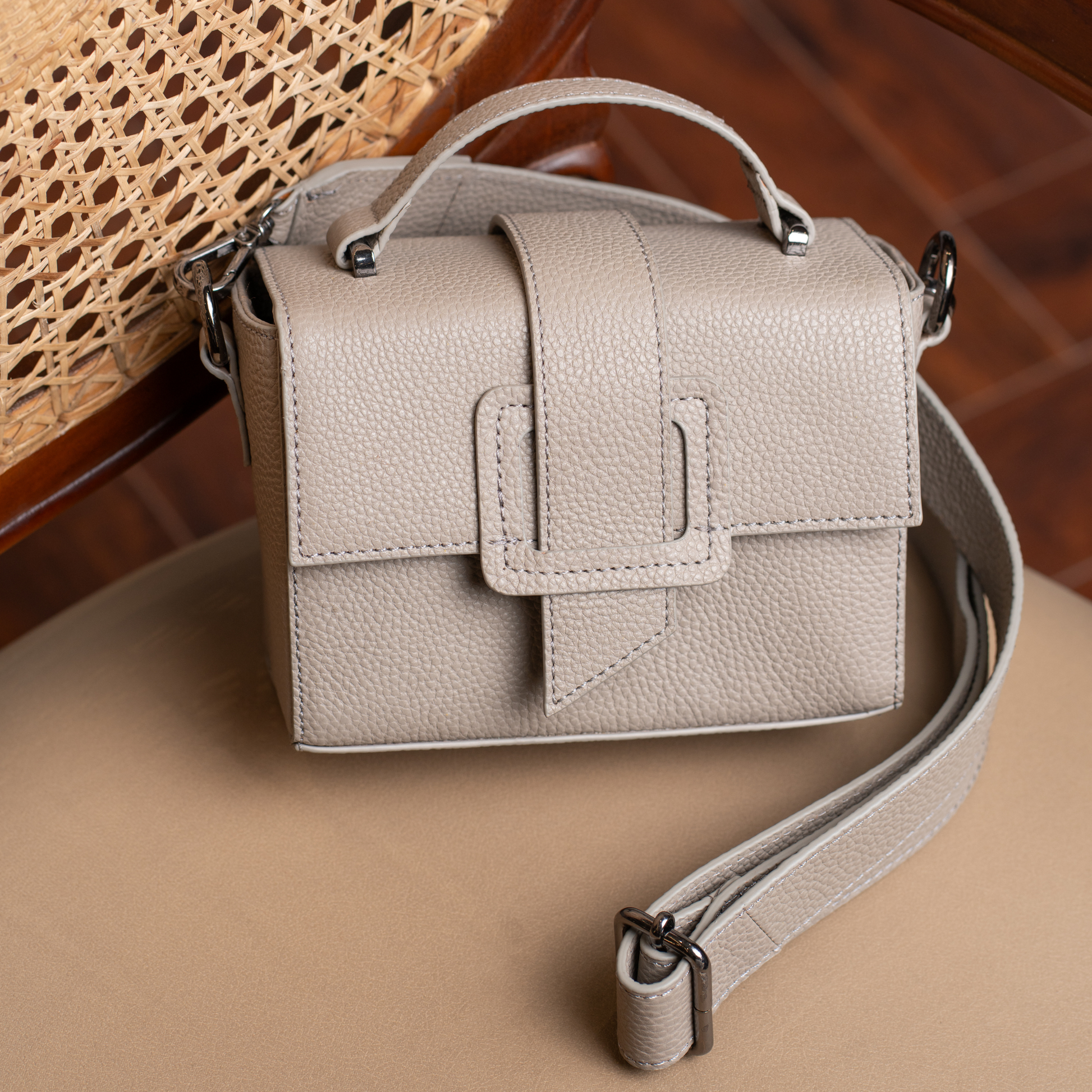 Light Taupe Leather Box Bag Lifestyle Display | Iron Tailor