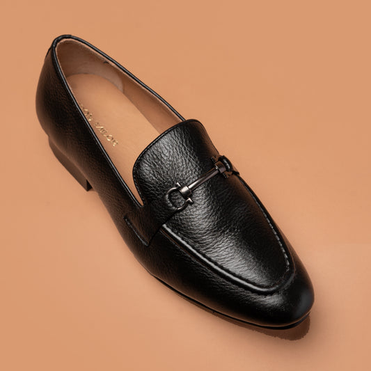 Black Genuine Leather Buckle Loafers | Iron Tailor