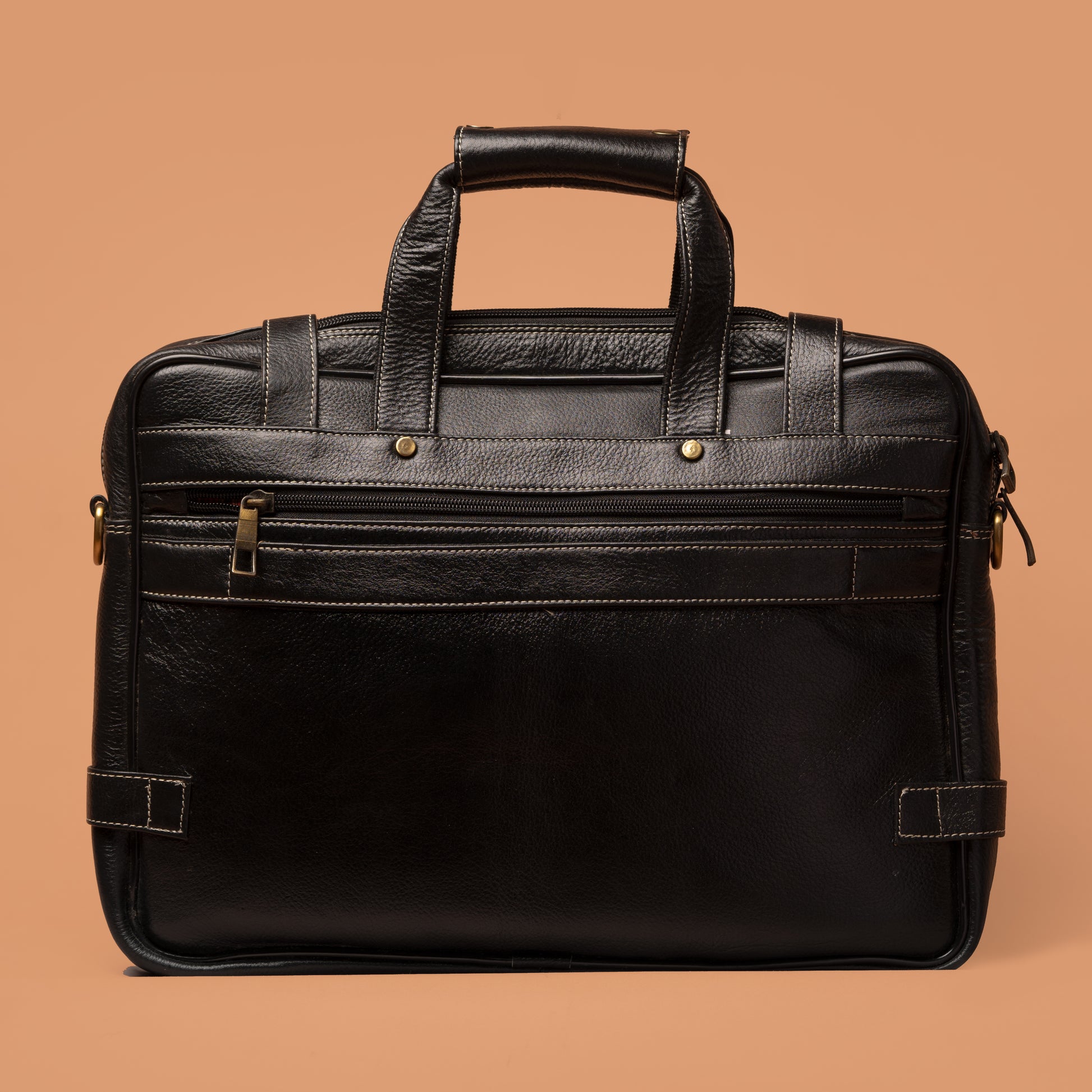 Black Leather Multizip Laptop Briefcase Back View | Iron Tailor
