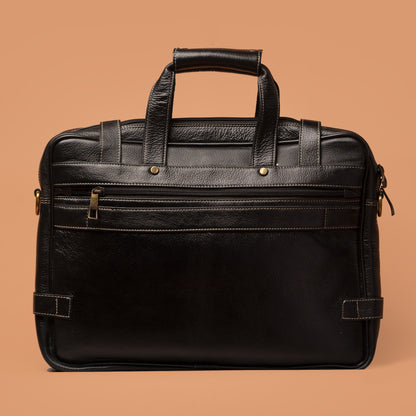 Black Leather Multizip Laptop Briefcase Back View | Iron Tailor