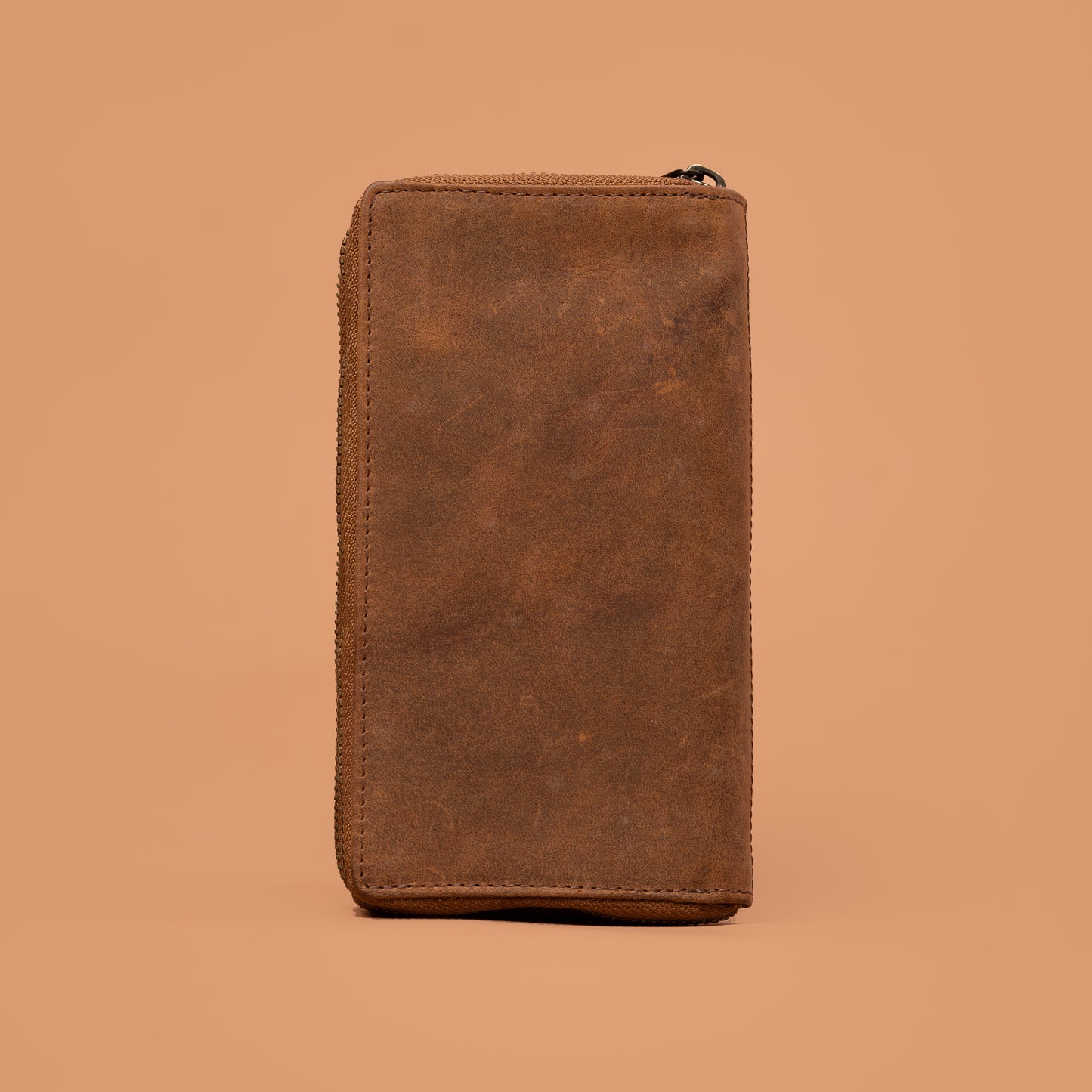 Back View of Brown Genuine Leather Zip Around Pouch | Iron Tailor