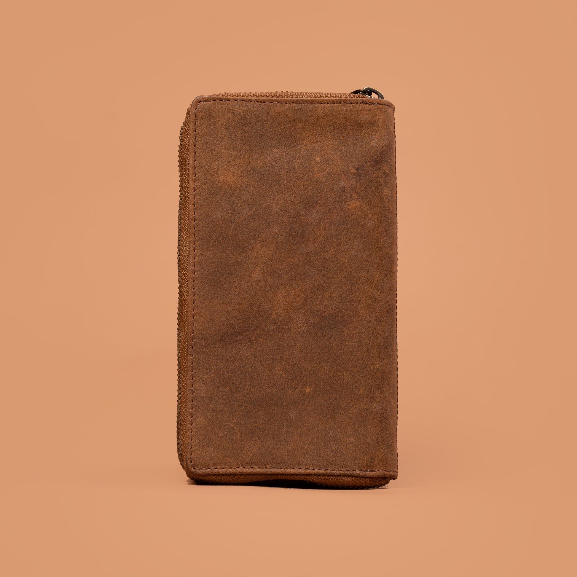 Back View of Brown Genuine Leather Zip Around Pouch | Iron Tailor