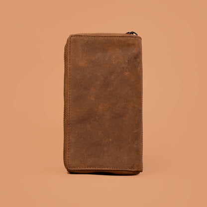 Back View of Brown Genuine Leather Zip Around Pouch | Iron Tailor