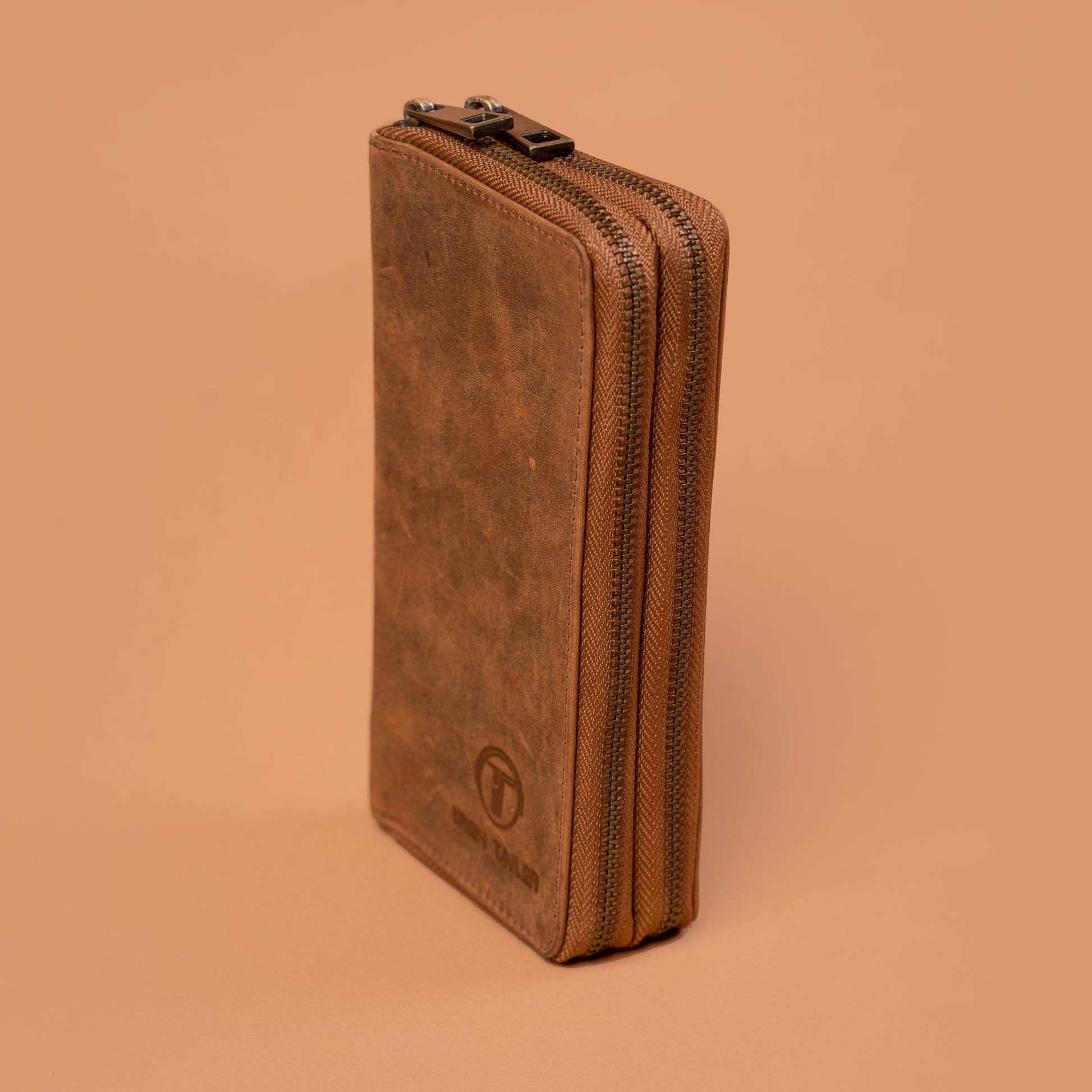 Side View of Brown Genuine Leather Travel Organizer Pouch | Iron Tailor